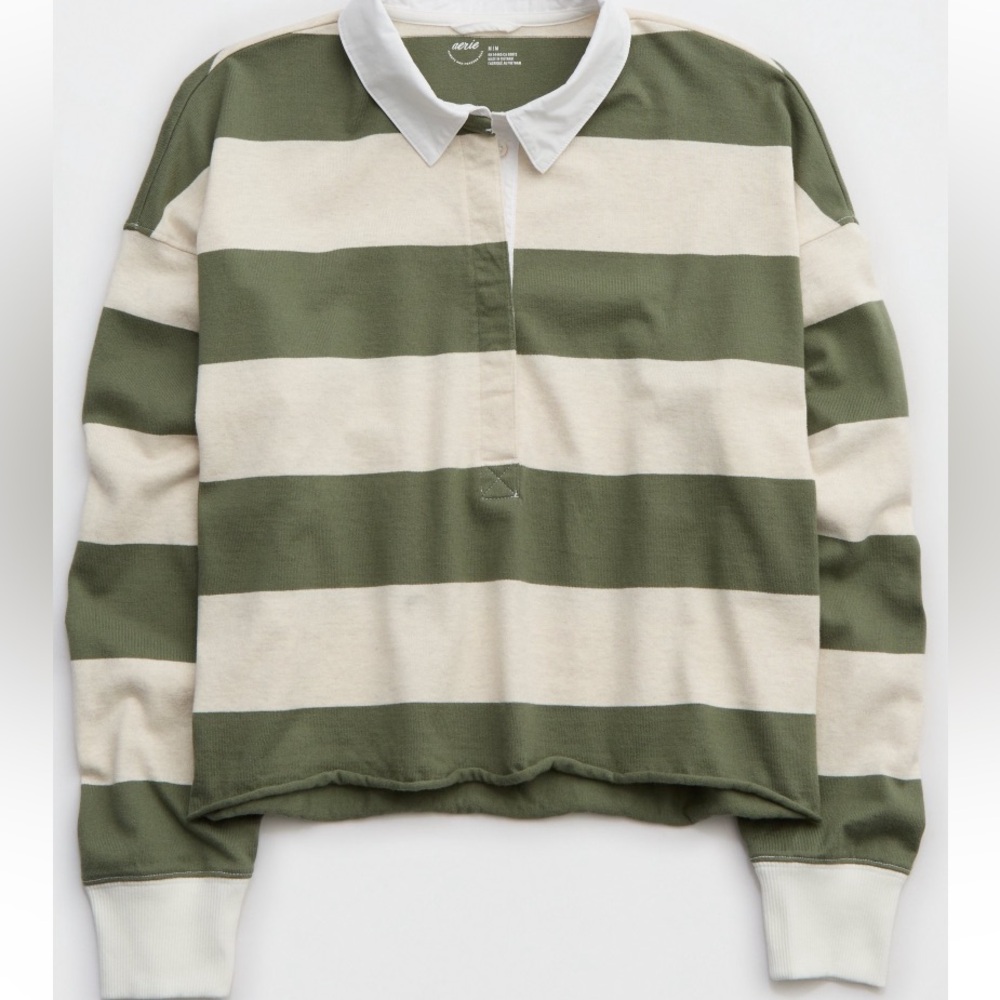 AERIE Striped Olive Green and White Collared Long Sleeve Cropped Rugby Polo - Picture 3 of 8